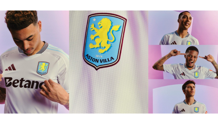 Camisa reserva do Aston Villa Football Club para a temporada 2024-2025. A peça, predominantemente branca, apresenta o logo da Adidas em grená, as três listras clássicas em azul celeste nas mangas e o novo escudo do clube. 